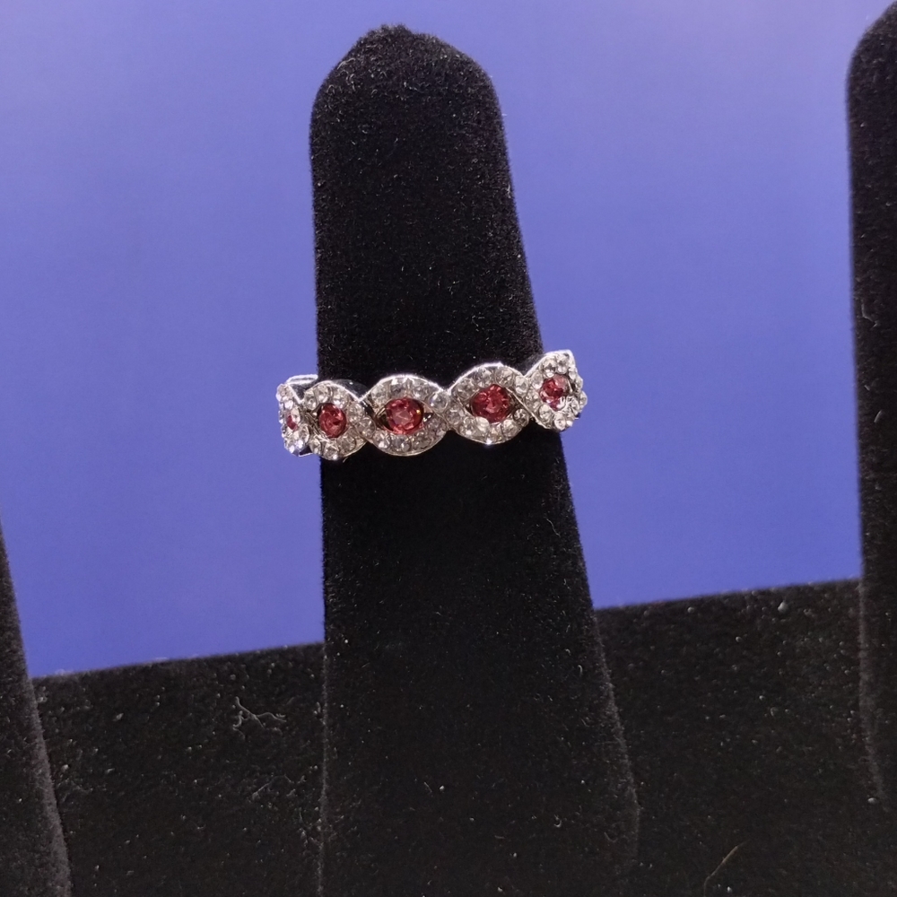925 Light Red and Clear Stones Ring